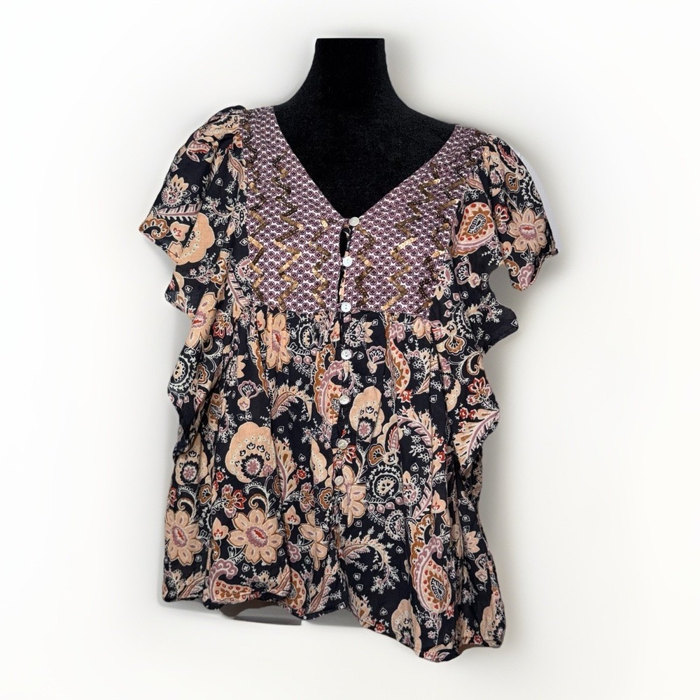 Rachel Zoe Top Flutter Sleeve Short Sleeve Paisley Floral Boho V-Neck Size L